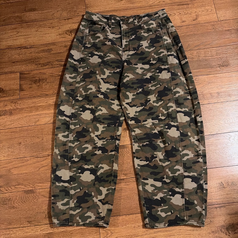 Cello Womens Barrel Leg Jeans Camo Green Size 11 High Rise Stretch Denim